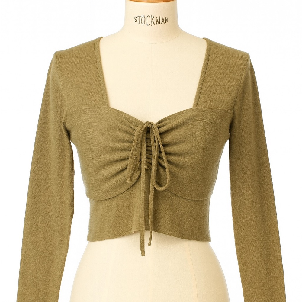 Women’s Cotton Emporium Olive Green Ruched Crop Top Long Sleeve Size Medium